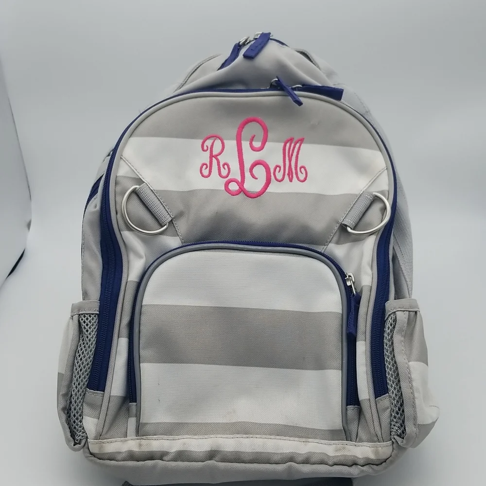 Pottery Barn Kids Fairfax Gray/White Stripe Navy Trim Small Backpack rLm